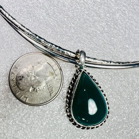 Vtg Green Onyx 925 Silver Pendant Silver-tone Textured Choker Torque Necklace - Picture 7 of 8